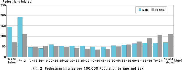 Fig. 2  Pedestrian Injuries per 100,000 Population by Age and Sex