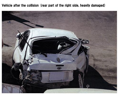 Vehicle after the collision (rear part of the right side, heavily damaged)