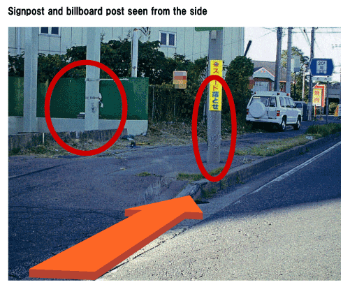Signpost and billboard post seen from the side