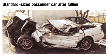 Standard-sized passenger car after falling